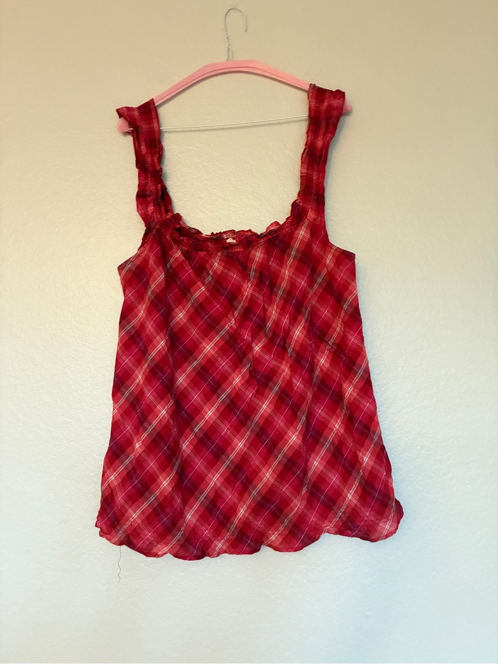 OP 100% Cotton XL Red/Magenta/White Plaid Scoop Neck Lace-Trim Women’s Tank Top